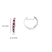 10K White Gold 0.20cttw Genuine Ruby and 0.04cttw Diamond Hoop Huggie Hinged Earrings