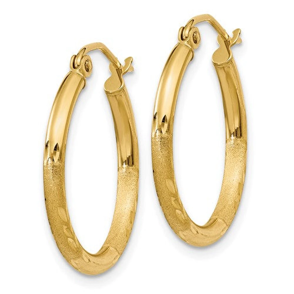 10k Satin and Diamond-cut 2mm Round Tube Hoop Earrings