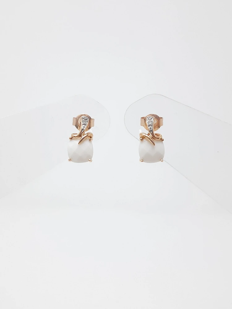 10K Rose Gold 6mm Cushion Cut Genuine Agate And 0.01cttw Diamonds Earrings