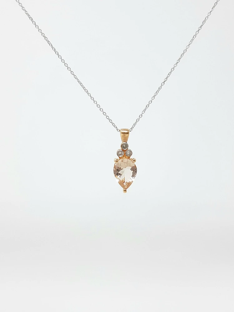 TRACKING - 10K Rose Gold 8x6mm Pear Cut Morganite and Diamond Pendant, 18"