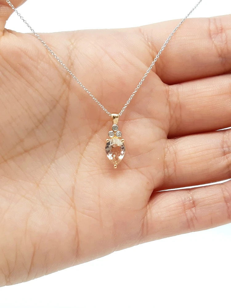 TRACKING - 10K Rose Gold 8x6mm Pear Cut Morganite and Diamond Pendant, 18"
