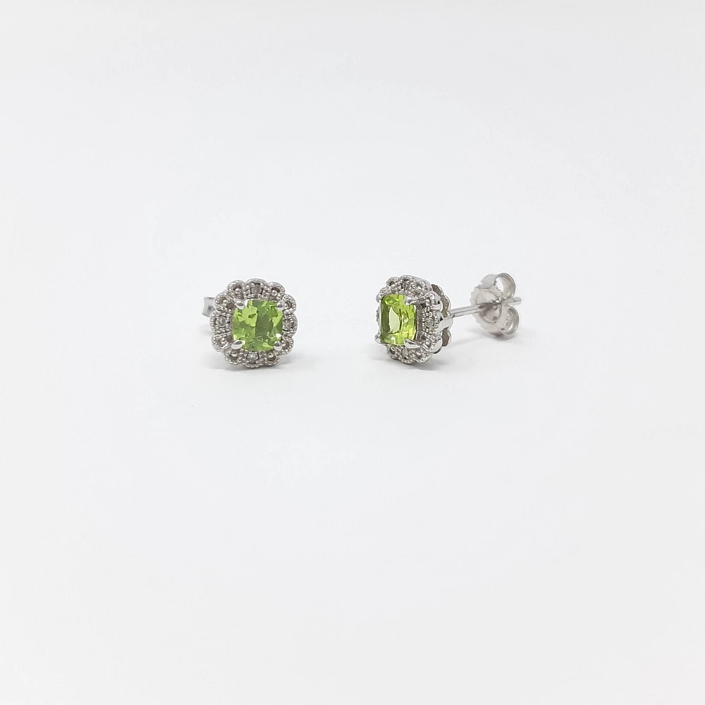 10K White Gold 1.00cttw Genuine Peridot and 0.03cttw Diamond Halo Earrings