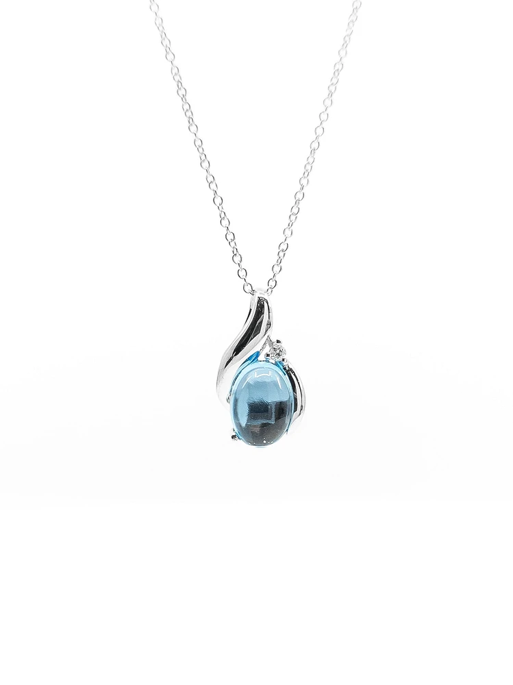 10K White Gold Oval Cabochon Cut Swiss Blue Topaz and 0.01dtw Diamond Necklace - 18 Inches