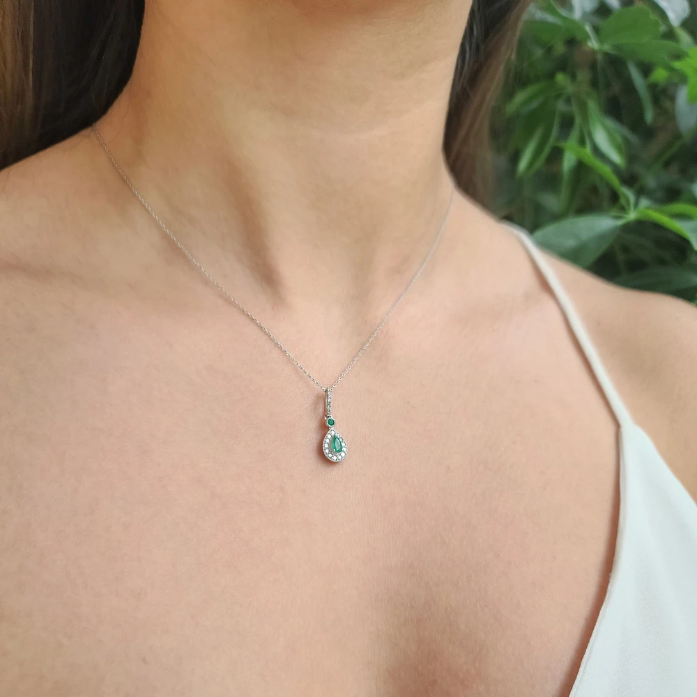 10K White Gold Genuine Emerald & Diamond Pendant