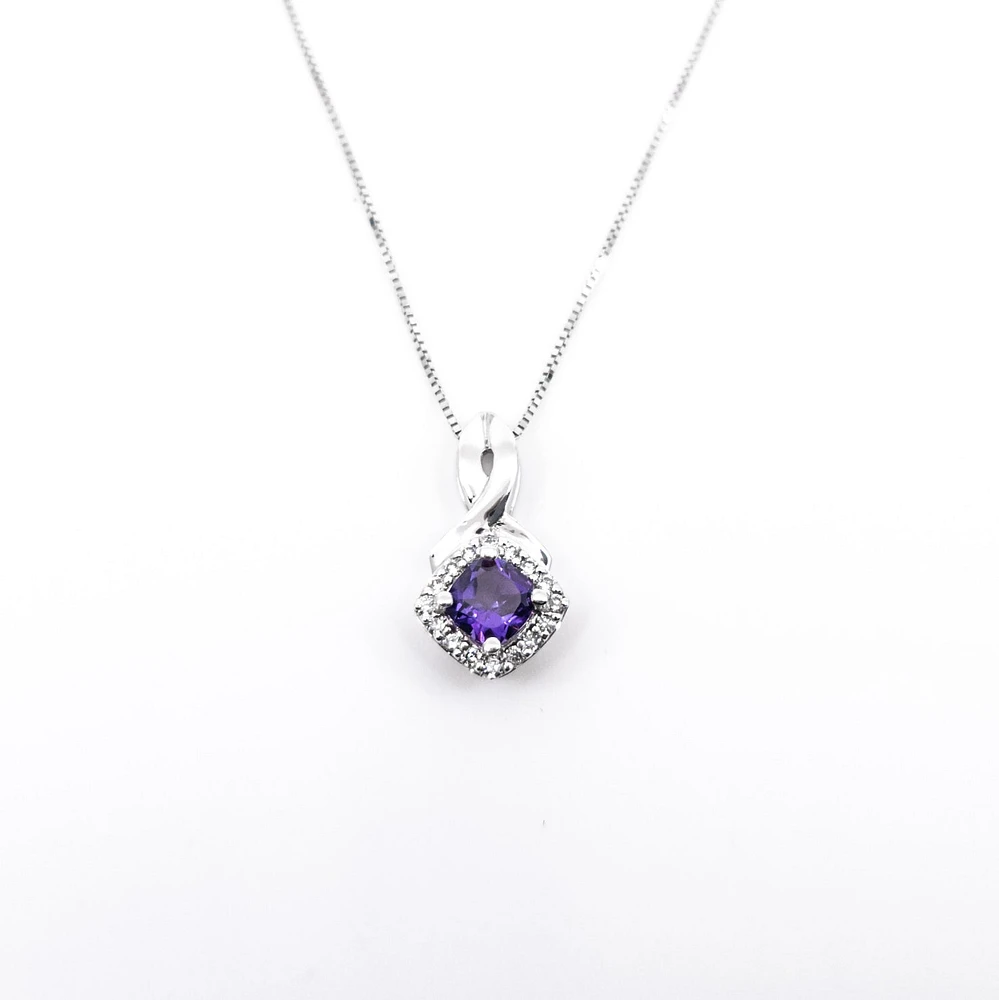 10K White Gold Amethyst & Diamond Pendant