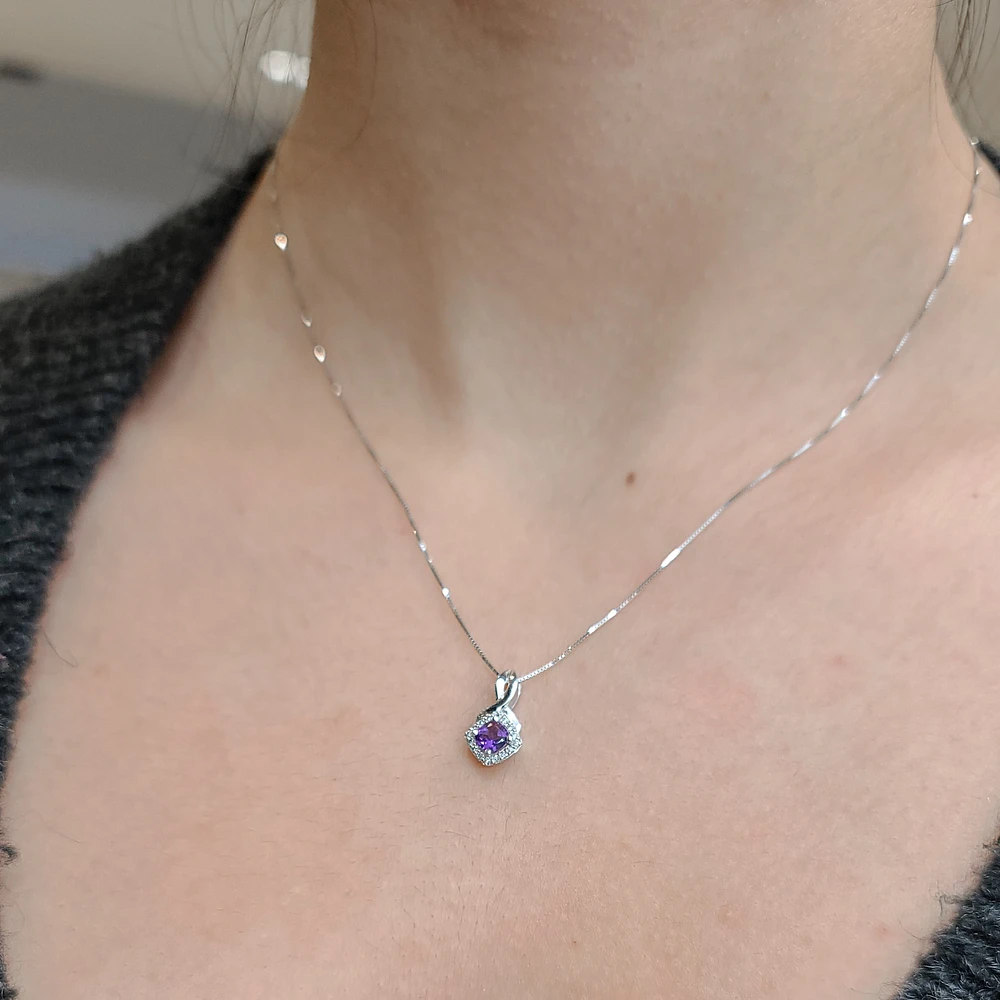 10K White Gold Amethyst & Diamond Pendant