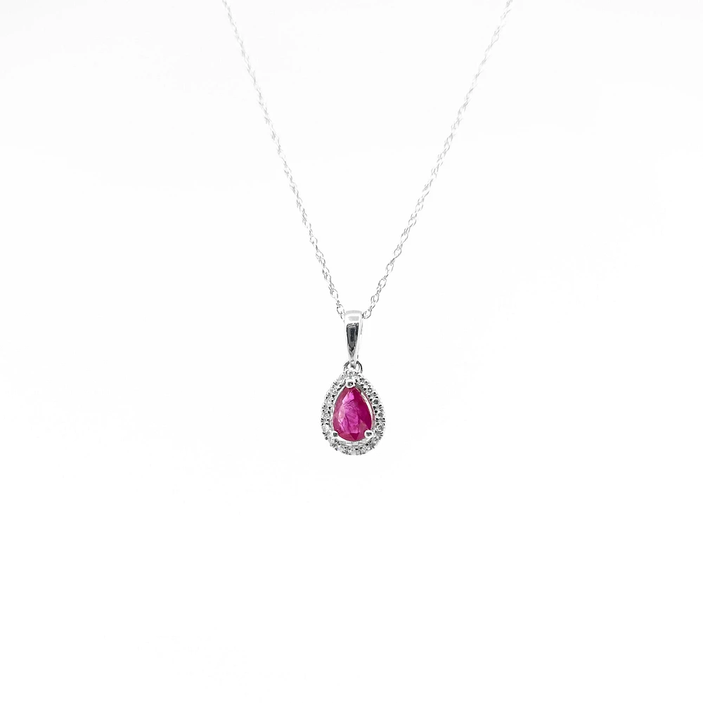 10K White Gold Genuine Ruby and Diamond Pendant