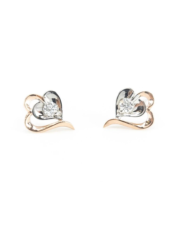 10K White & Rose Gold 0.08cttw Round Cut Canadian Diamond Heart Earrings