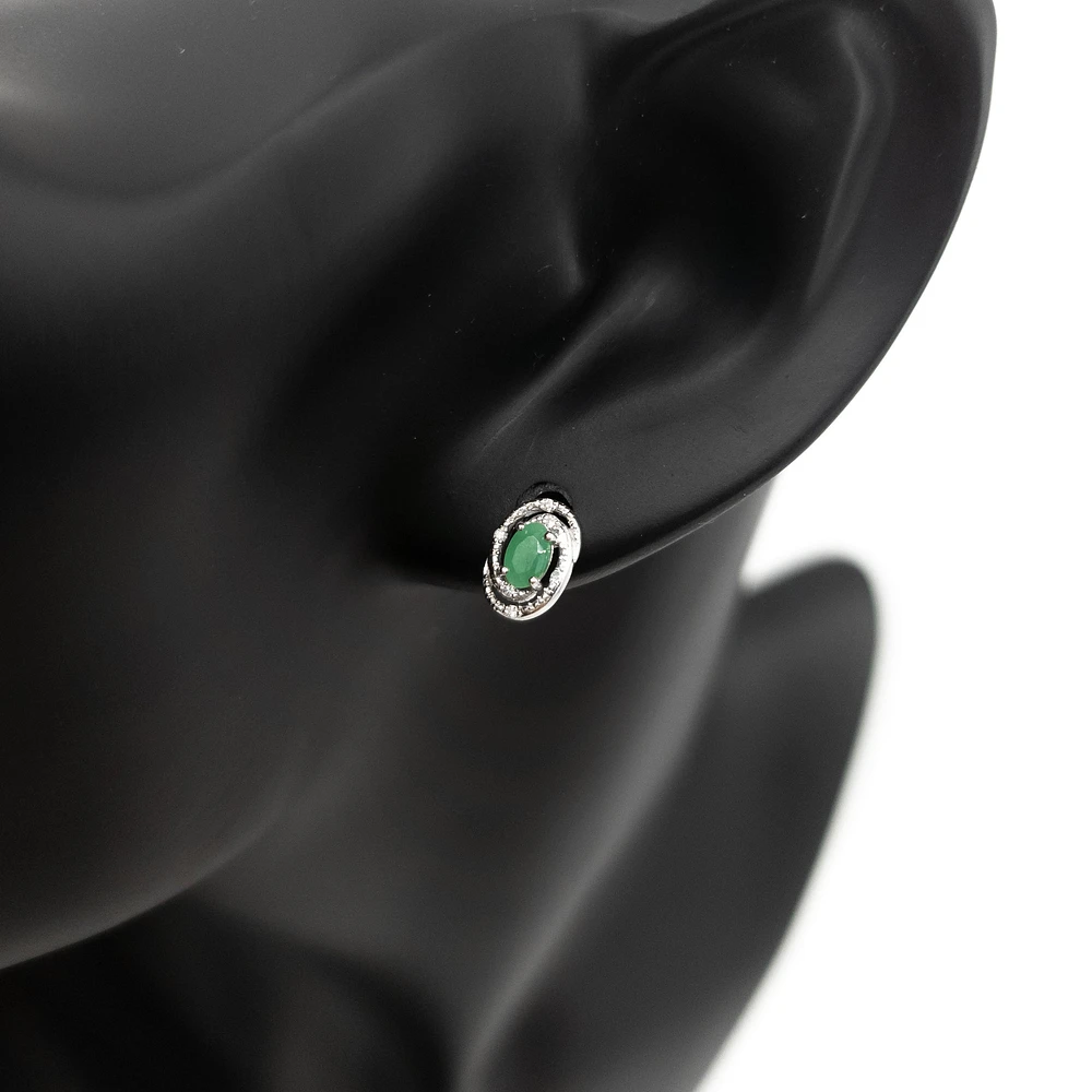 925 Sterling Silver Emerald & Diamond Halo Stud Earrings