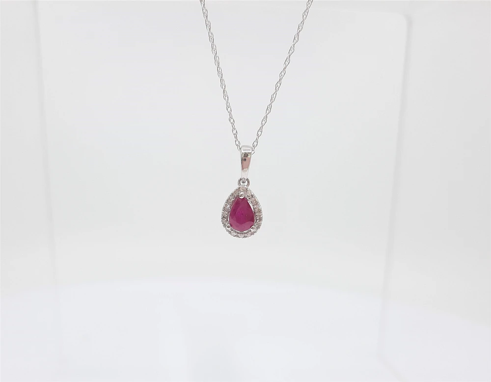 10K White Gold Genuine Ruby and Diamond Pendant, 18"