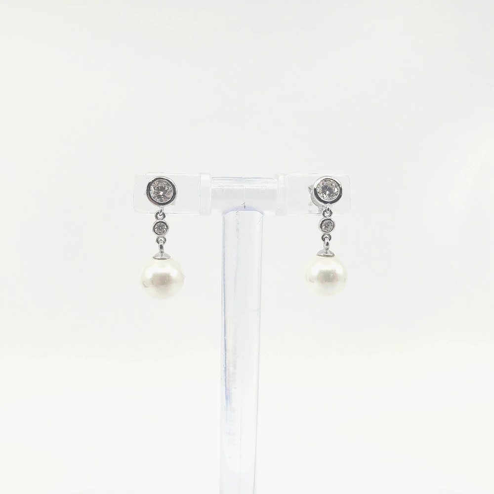 925 Sterling Silver Cubic Zirconia with 8mm Imitation Pearl Dangle Stud