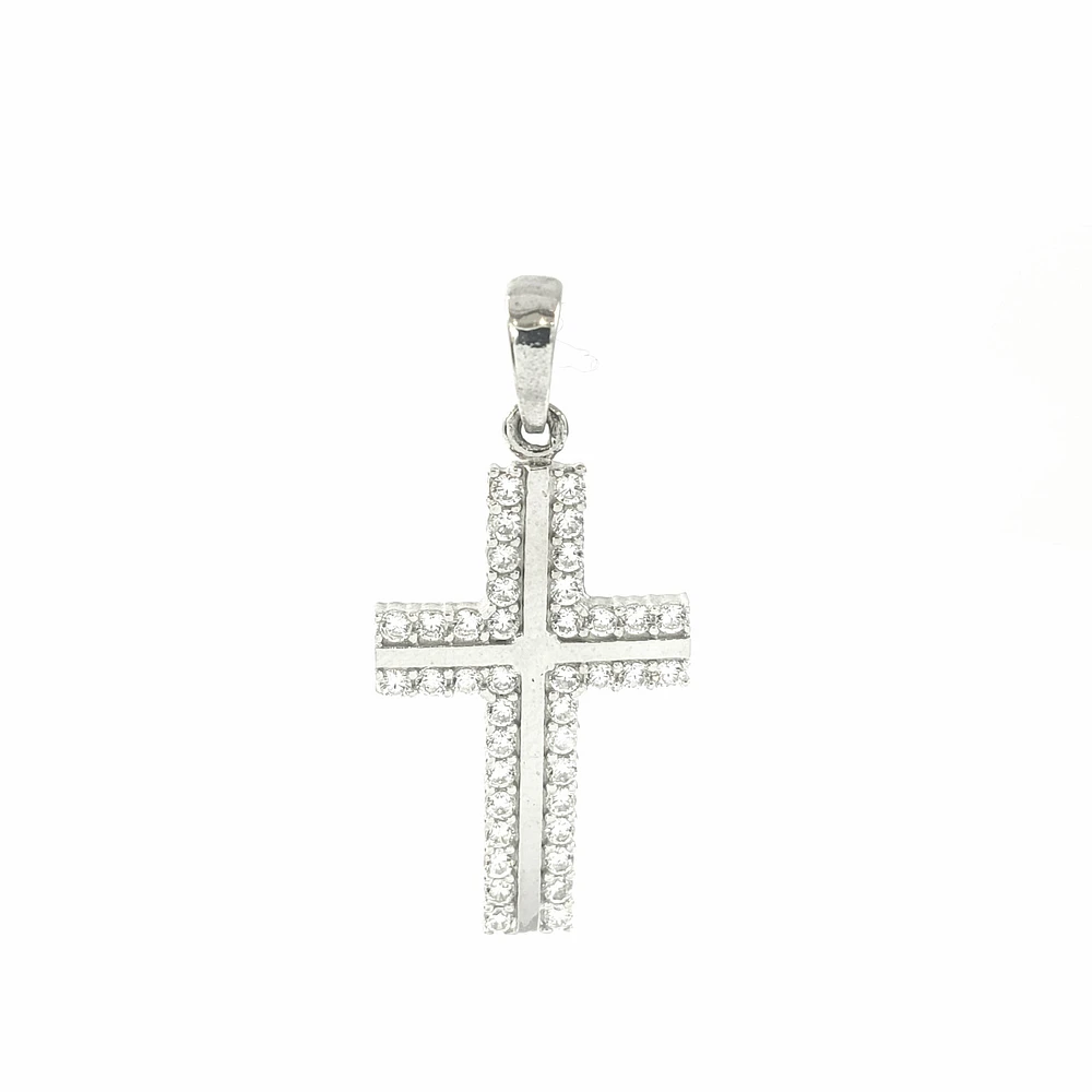 10K White Gold Cubic Zirconia Cross - 21mm x 13mm