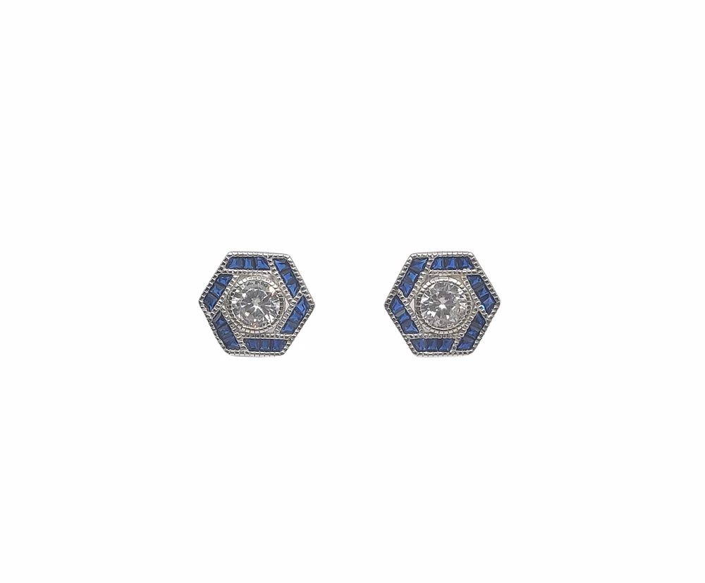 925 Sterling Silver Clear and Blue Cubic Zirconia Hexagon Stud - 12.5mm x 11mm