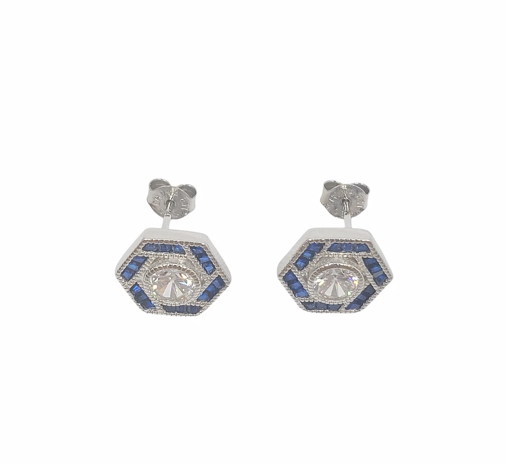925 Sterling Silver Clear and Blue Cubic Zirconia Hexagon Stud - 12.5mm x 11mm