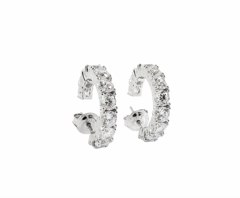 925 Sterling Silver 3.5mm Cubic Zirconia Half Hoop Studs - 18mm