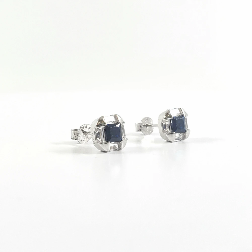 925 Sterling Silver Blue and Clear Cubic Zirconia Stud Earrings - 8mm x 8mm