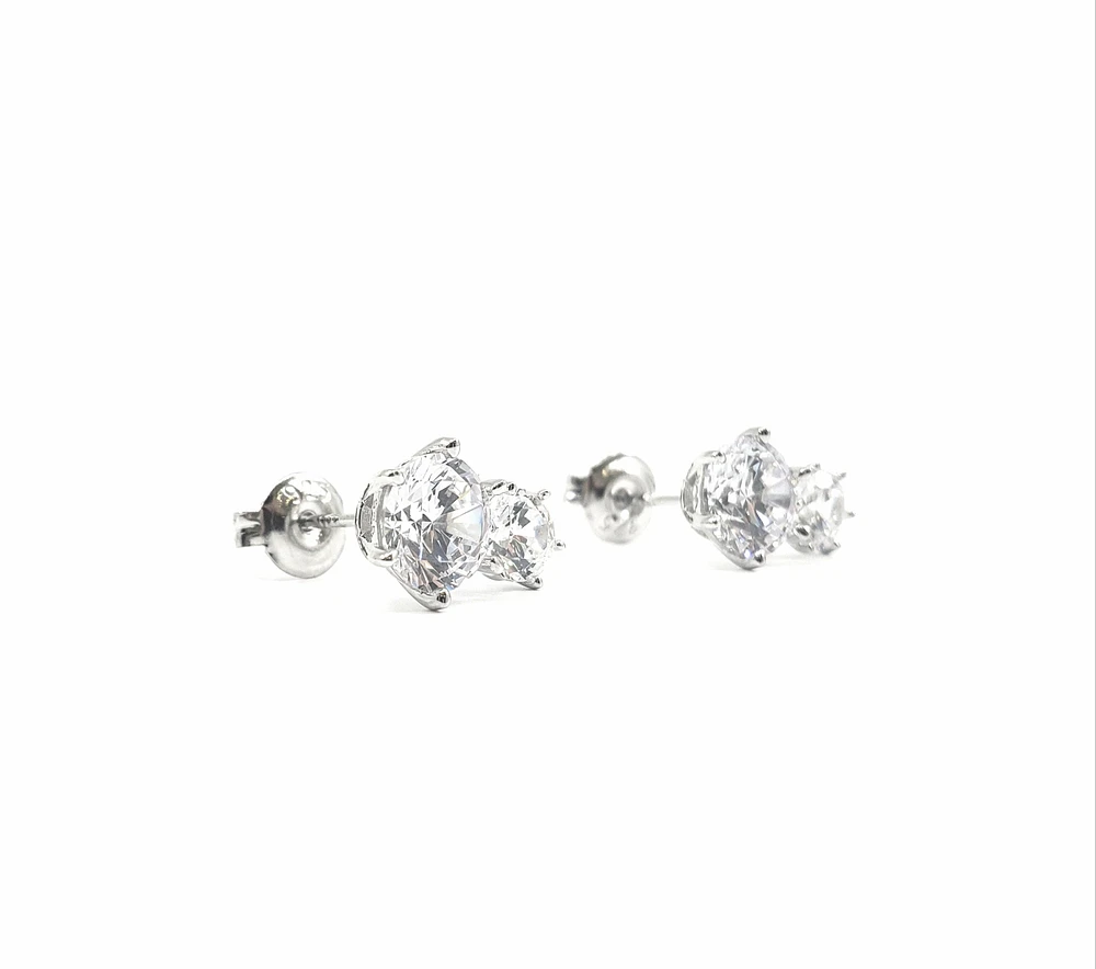 925 Sterling Silver 2 Tier Drop Round Cubic Zirconia Stud Earring - 13mm x 8.5mm