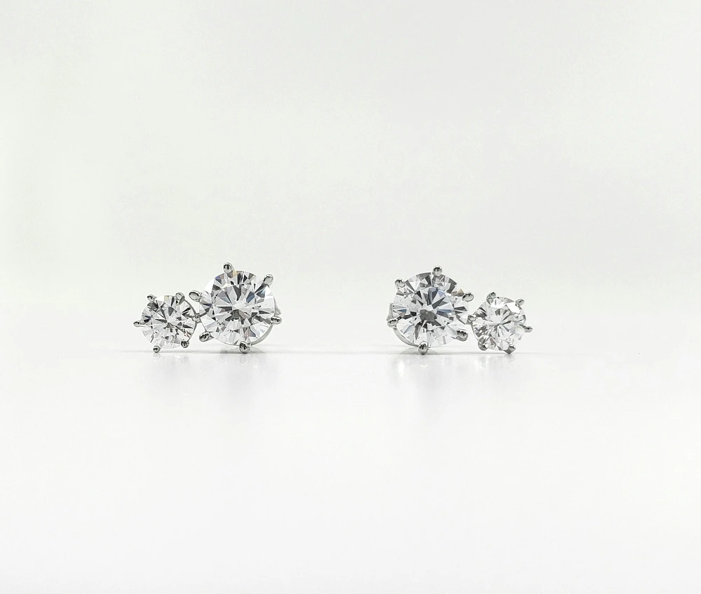 925 Sterling Silver 2 Tier Drop Round Cubic Zirconia Stud Earring - 13mm x 8.5mm