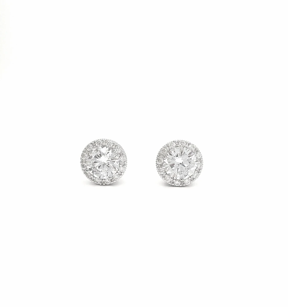 925 Sterling Silver 7mm Cubic Zirconia with Halo Studs - 10mm