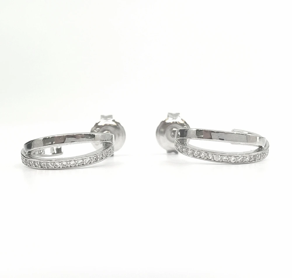 925 Sterling Silver Cubic Zirconia Double Channel Half Hoops - 14mm x 12mm