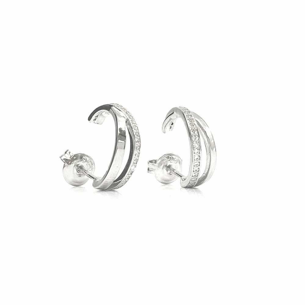 925 Sterling Silver Cubic Zirconia Double Channel Half Hoops - 14mm x 12mm