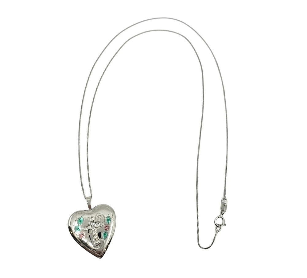 925 Sterling Silver Locket with Cubic Zirconia Cross and Decals with Chain - 18 Inches