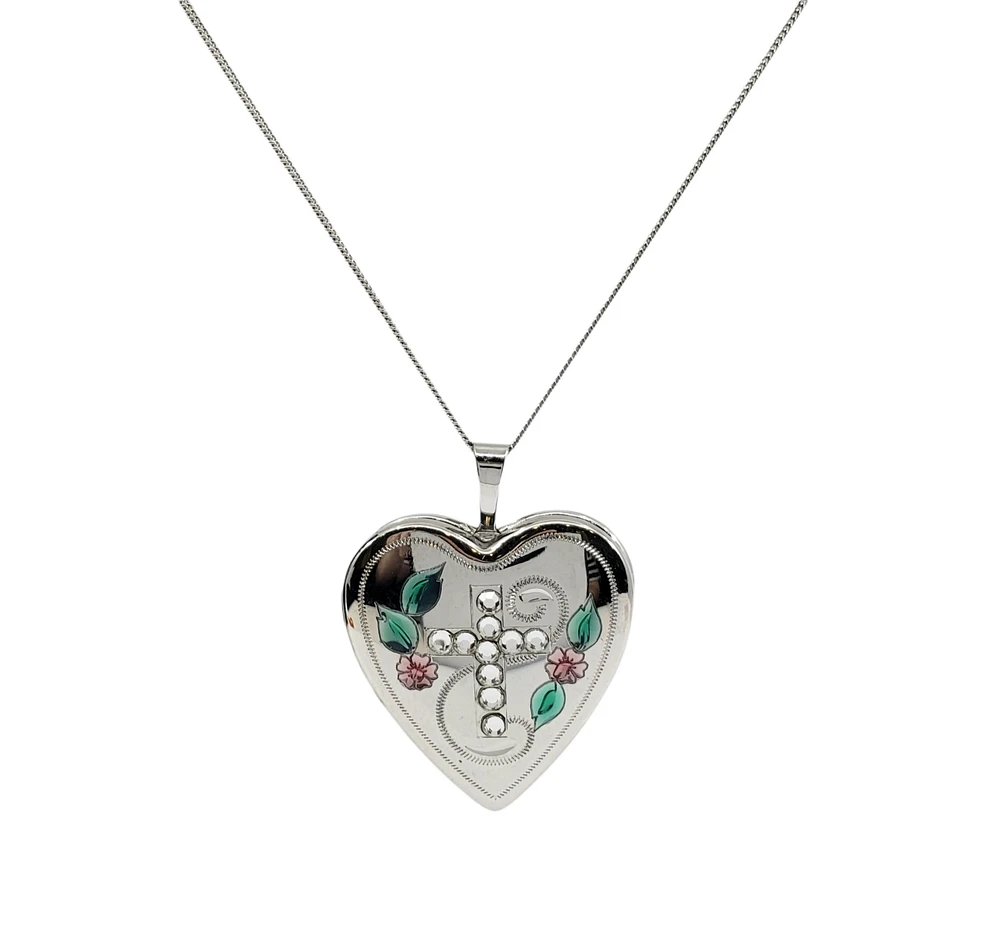 925 Sterling Silver Locket with Cubic Zirconia Cross and Decals with Chain - 18 Inches