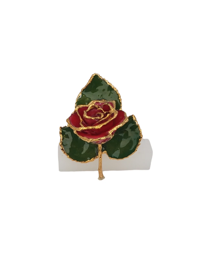 24k Gold-trim Lacquer Dipped Rose on Leaf Pin/Boutonniere