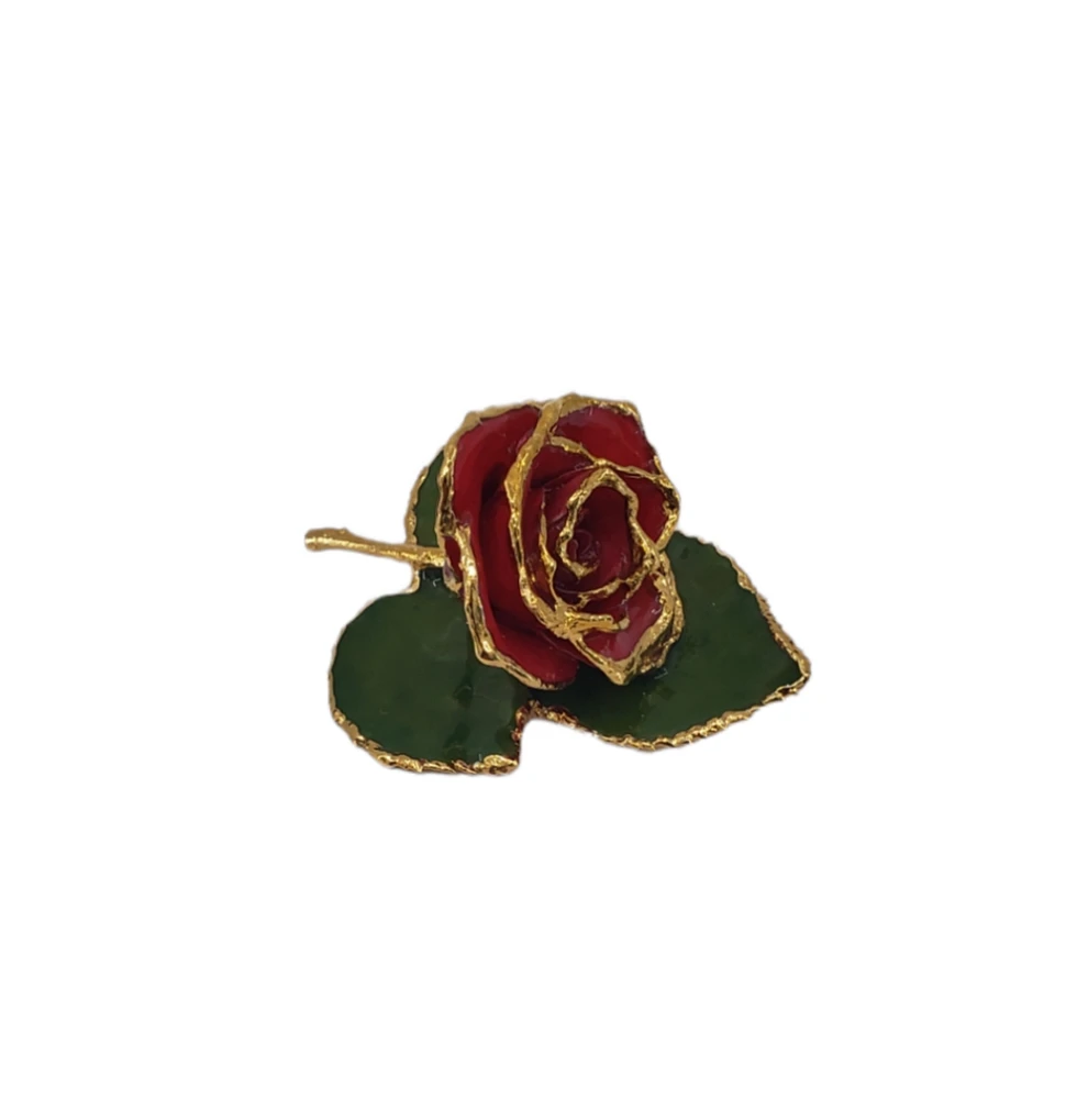 24k Gold-trim Lacquer Dipped Rose on Leaf Pin/Boutonniere