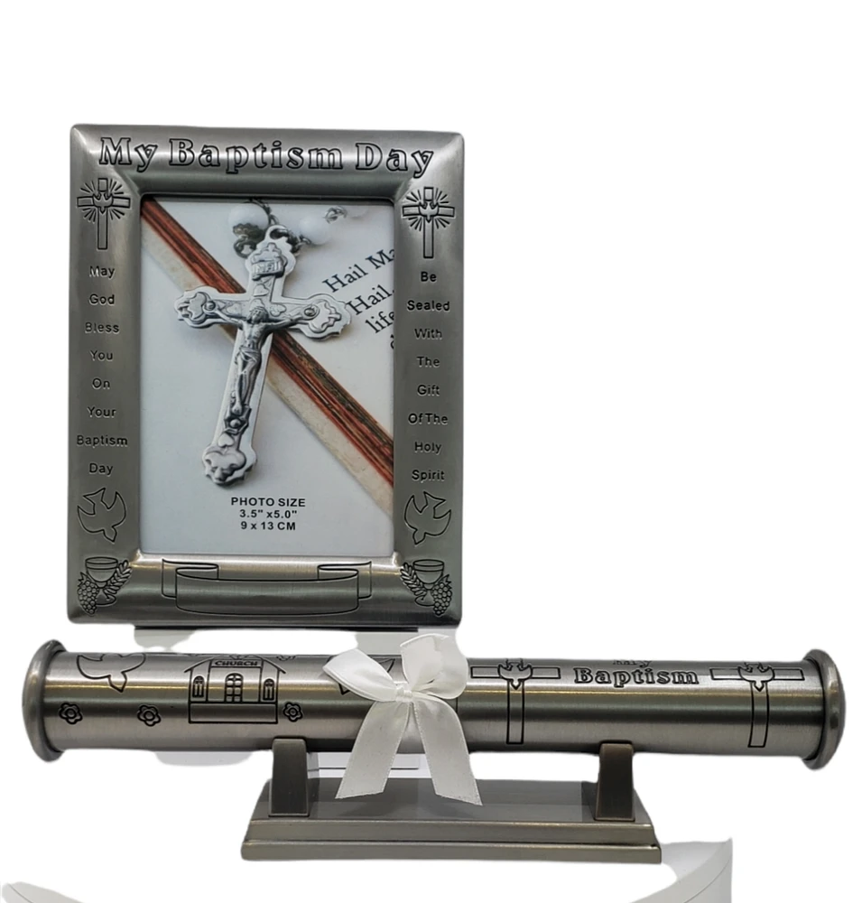 Pewter Baptism Frame with Certificate Holder and Stand