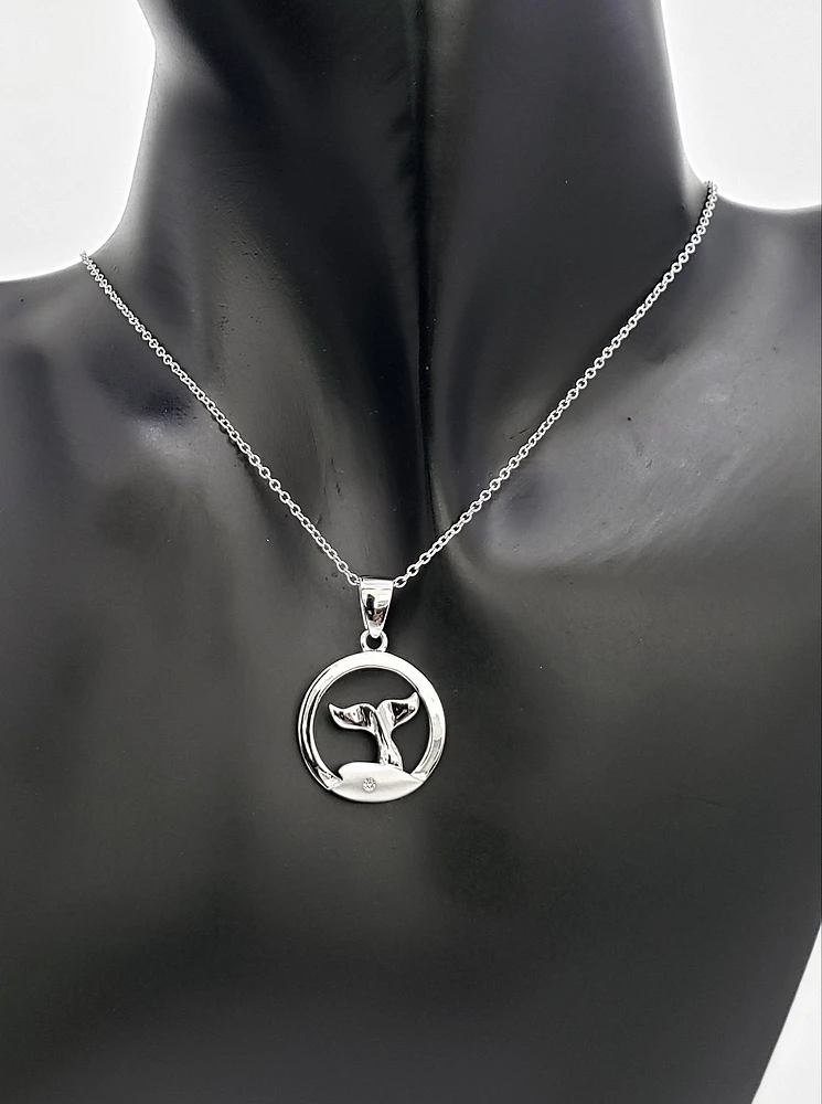 925 Sterling Silver 0.015cttw Canadian Diamond Whale Tail Pendant