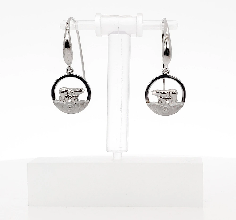 925 Sterling Silver 0.01cttw Canadian Diamond Mother Bear and Cub Dangle Earrings