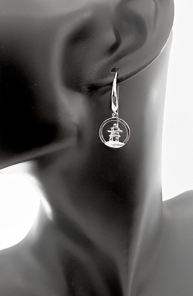 925 Sterling Silver 0.01cttw Canadian Diamond Inukshuk Dangle Earrings