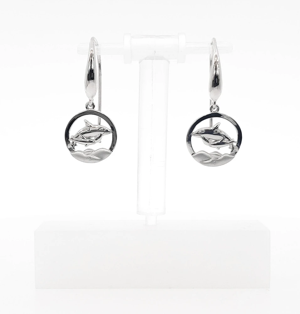 925 Sterling Silver 0.01cttw Canadian Diamond Mother Orca and Calf Dangle Earrings