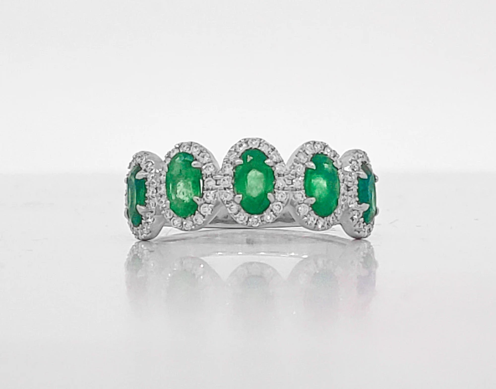 14K White Gold 1.03cttw Oval Cut Emeralds and 0.23cttw Diamond Ring - Size 7