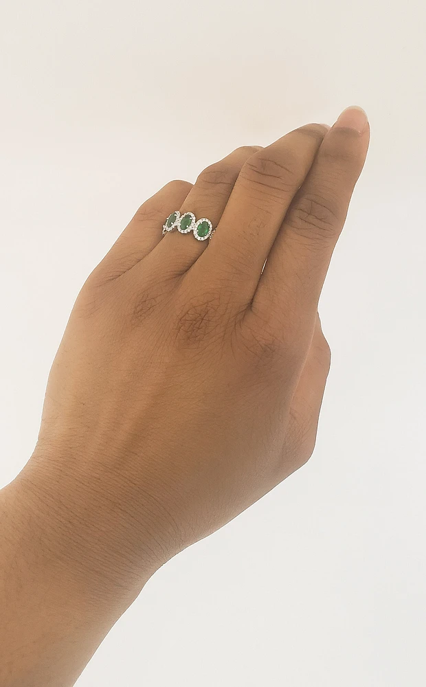 14K White Gold 1.03cttw Oval Cut Emeralds and 0.23cttw Diamond Ring - Size 7
