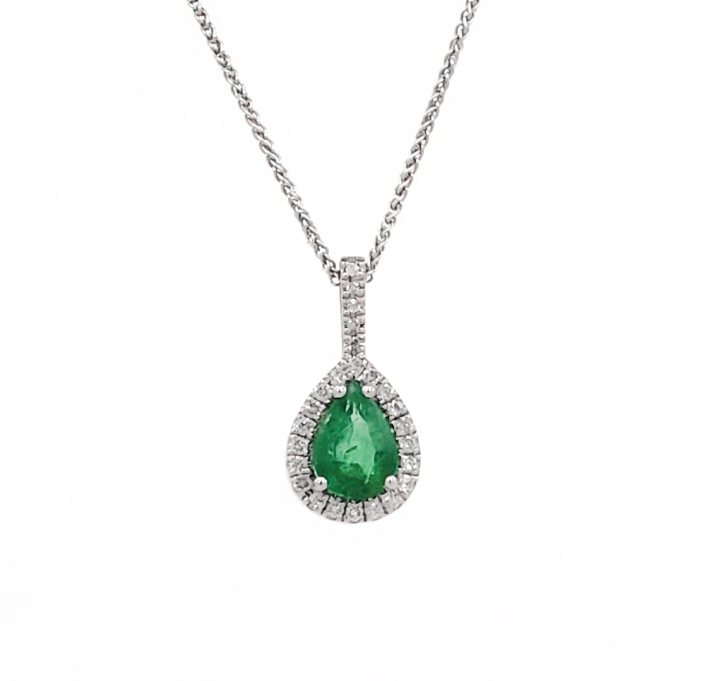 10/14K White Gold 0.70cttw Pear Cut Emerald and 0.11cttw Diamond Pendant, 18"