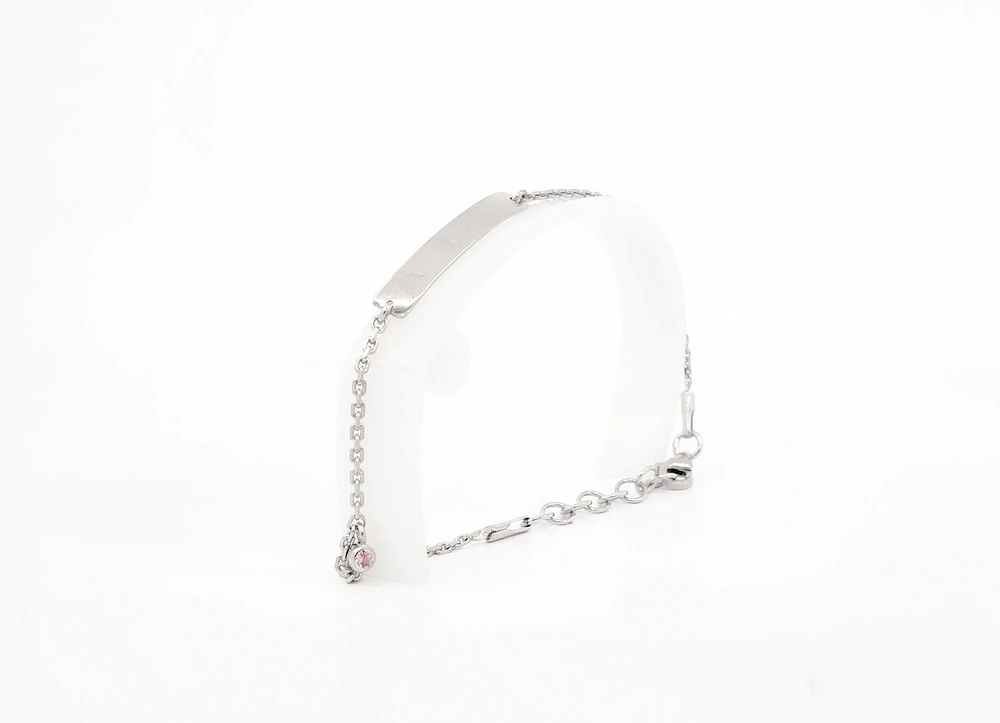 Engraveable 925 Sterling Silver Bar Baby Bracelet with Pink Cubic Zirconia adjustable rolo link 6.5"