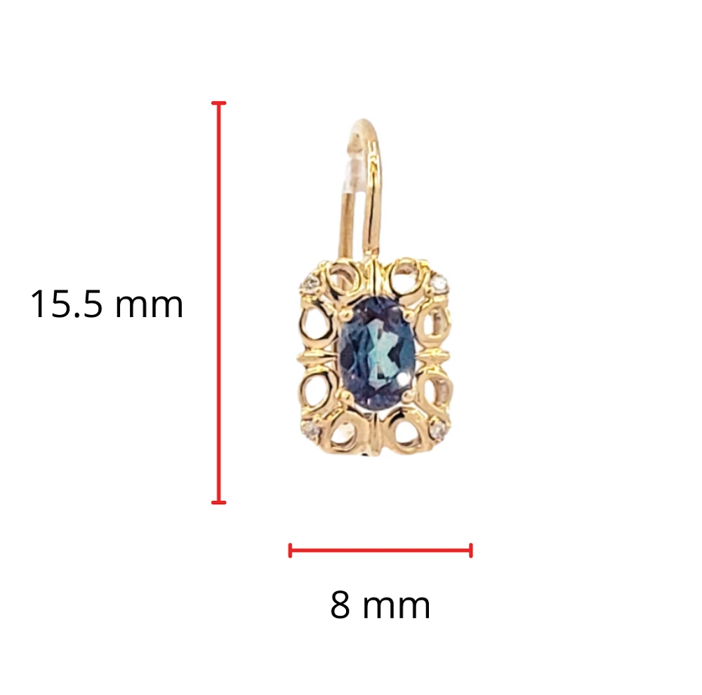 10K Gold 6x4mm Oval Cut Created Alexandrite and 0.045cttw Diamond Dangle Earrings with Euro Backs