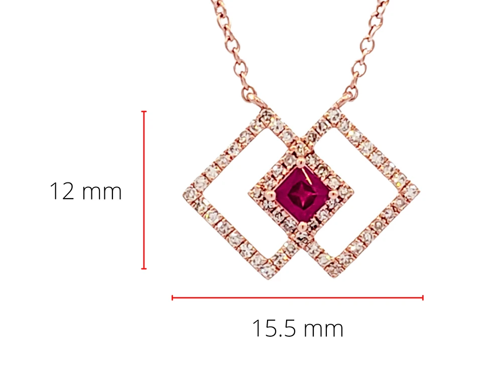 14K Rose Gold Ruby and Diamond Necklace, 18"