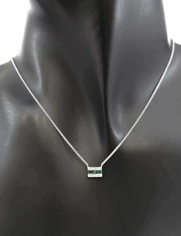 14K White Gold Emerald and Diamond Necklace, 18"
