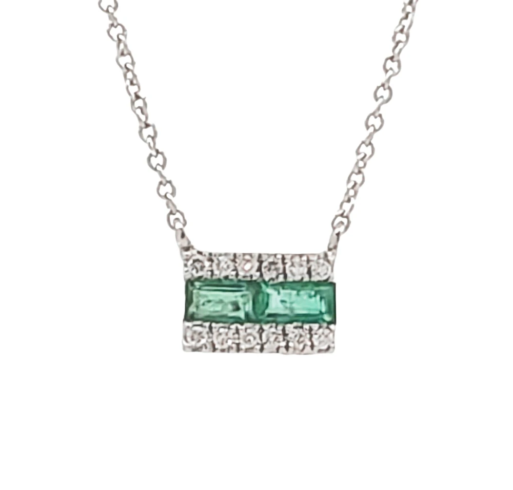 14K White Gold Emerald and Diamond Necklace, 18"