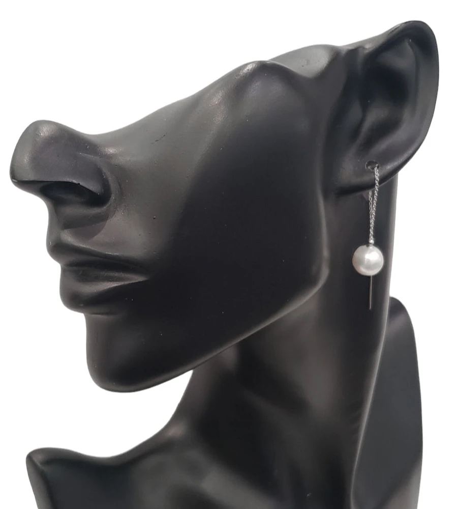 14K White Gold 9mm Cultured Pearl "Threader" Earring
