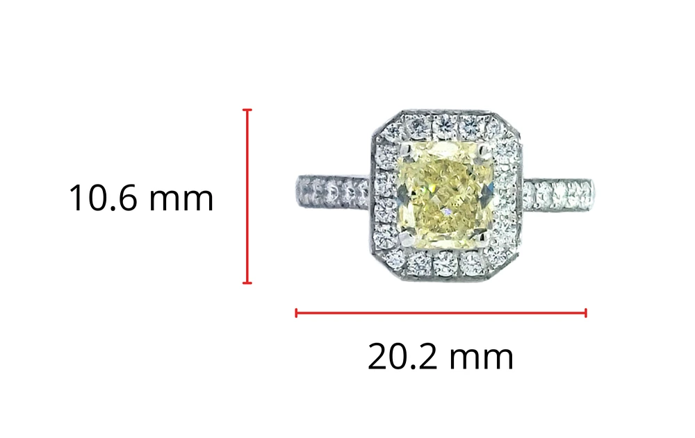 14K White Gold 1.64cttw Fancy Yellow  Cushion Cut Diamond Halo Engagement Ring, Size 6.5