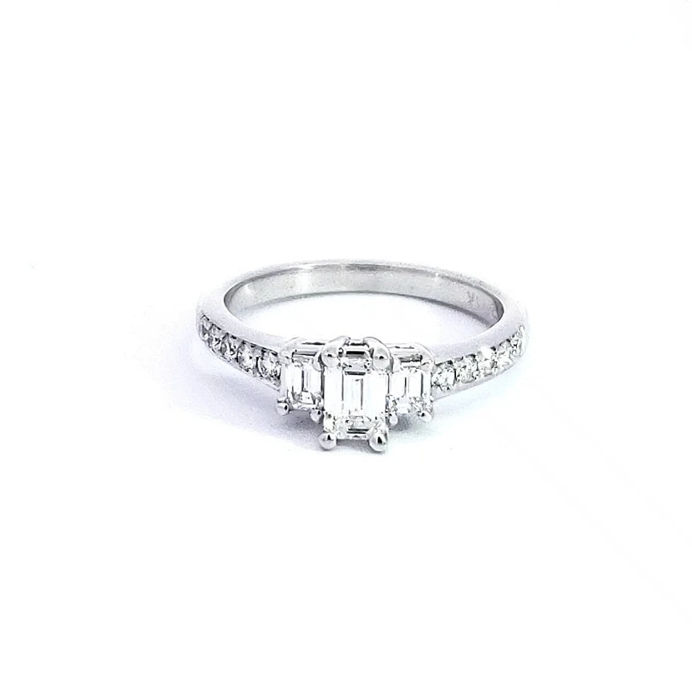 14K White Gold 0.87cttw Emerald Cut Diamond Engagement Ring, Size 6.5