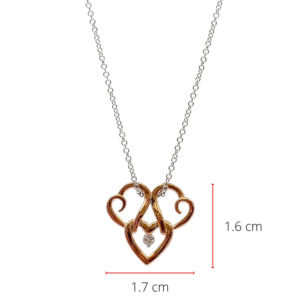 10K Rose & White 0.043cttw Canadian Diamond Triple Heart Pendant, 18"