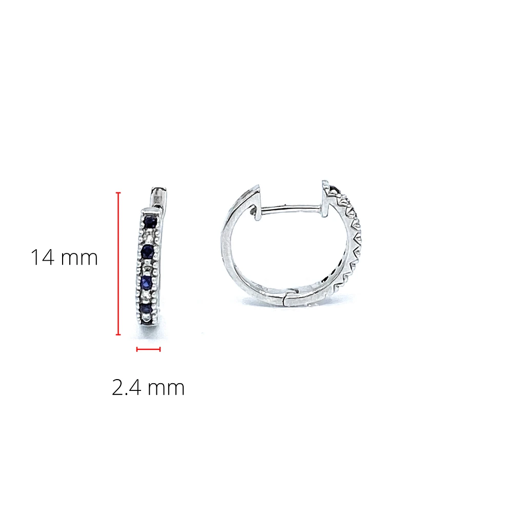 10K White Gold 0.20cttw Genuine Sapphire & 0.04cttw Diamond  Hoop Huggie Hinged Earrings