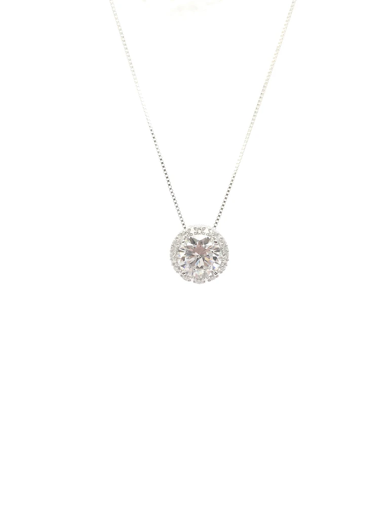 925 Sterling Silver 8mm Cubic Zirconia Halo Necklace - 18 Inches