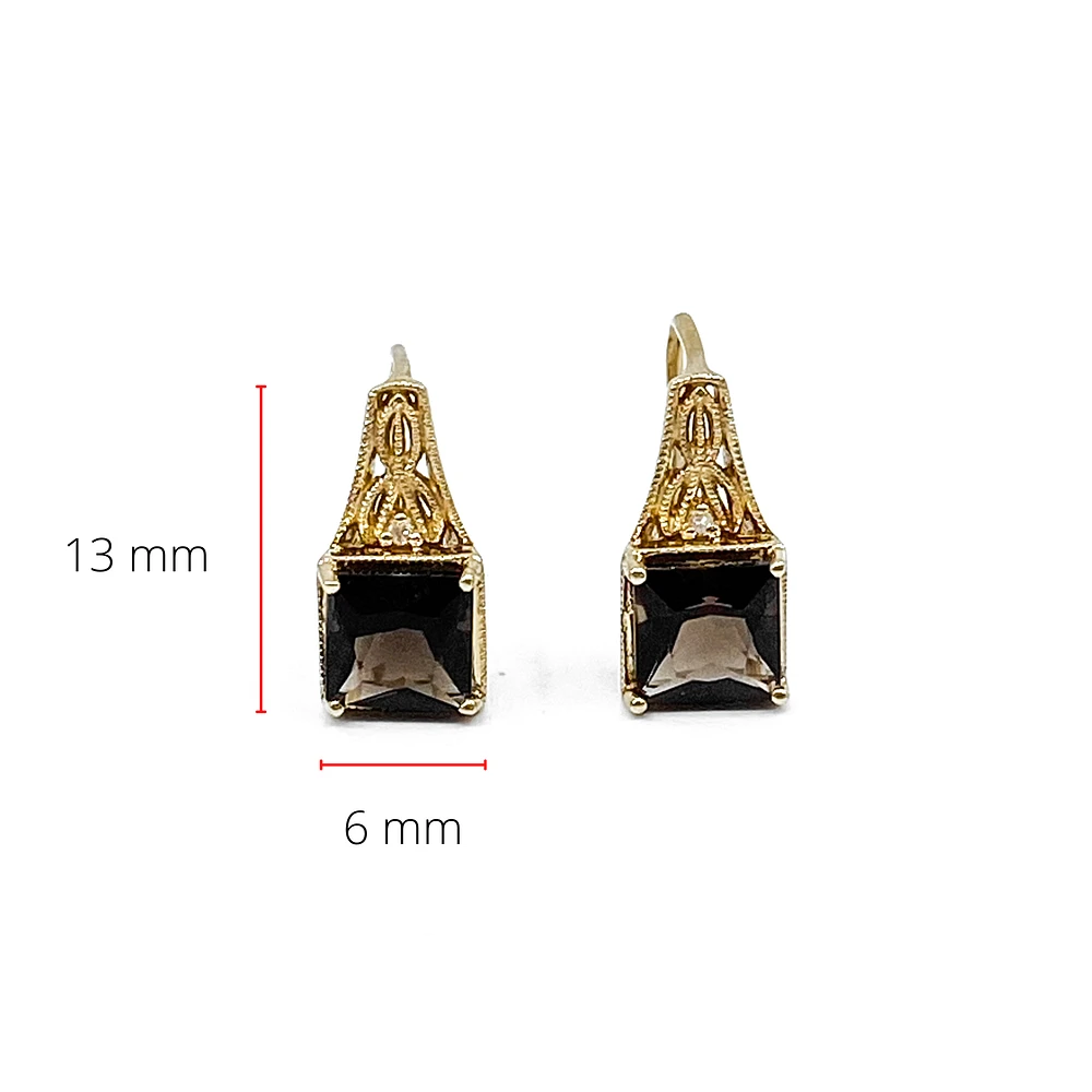 10K Yellow Gold 2.0cttw Smokey Quartz and 0.01cttw Diamond Dangle / Drop Earrings