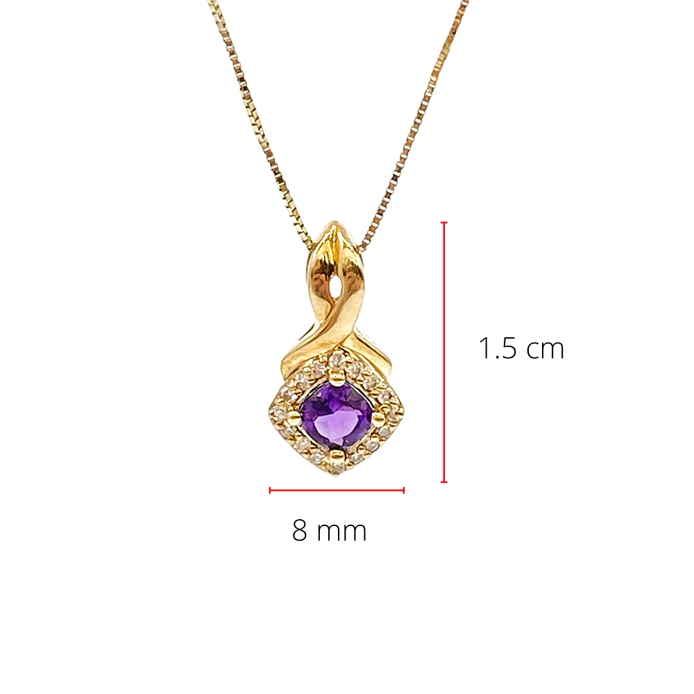10K Yellow Gold 0.33cttw Genuine Amethyst and 0.08cttw Diamond Halo Pendant, 18"